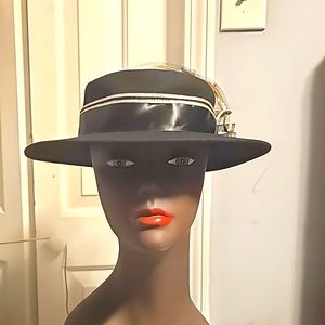 Black Wool Hat, Straight Brim, Satin Band w/Double Gold Strip, Back Large Lace B
